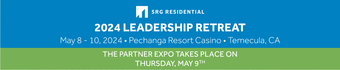 Banner for SRG Residential 2024 Leadership Retreat in Temecula, detailing dates and event at Pechanga Resort.